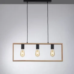 LED Pendelleuchte, schwarz, Holzrahmen, Metall, 3 flammige Pendellampe