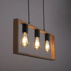 LED Pendelleuchte, schwarz, Holzrahmen, Metall, 3 flammige Pendellampe