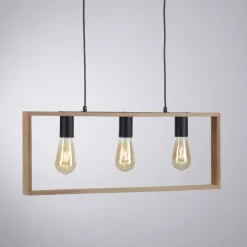 LED Pendelleuchte, schwarz, Holzrahmen, Metall, 3 flammige Pendellampe