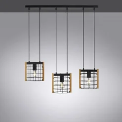 LED Pendelleuchte schwarz mit Holz Metall 3-flammig Esstischlampe