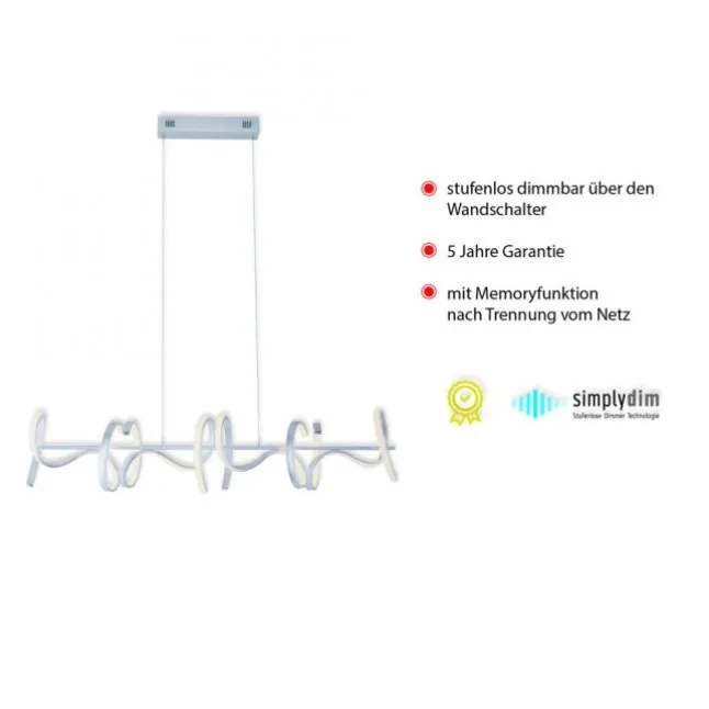 LED-Pendelleuchte, silberfarben, 4 geschwungene Leuchtarme, Dimmfunktion