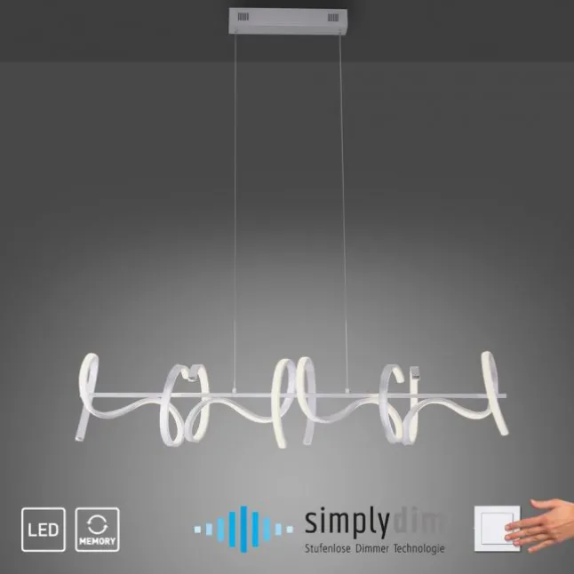 LED-Pendelleuchte, silberfarben, 4 geschwungene Leuchtarme, Dimmfunktion