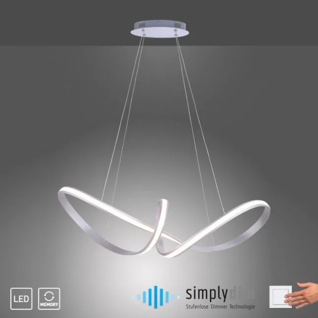 LED-Pendelleuchte, stahlfarben, geschwungenen Leuchtstäben, dimmbar, Memory Funktion