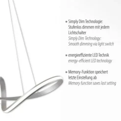 LED-Pendelleuchte, stahlfarben, geschwungenen Leuchtstäben, dimmbar, Memory Funktion