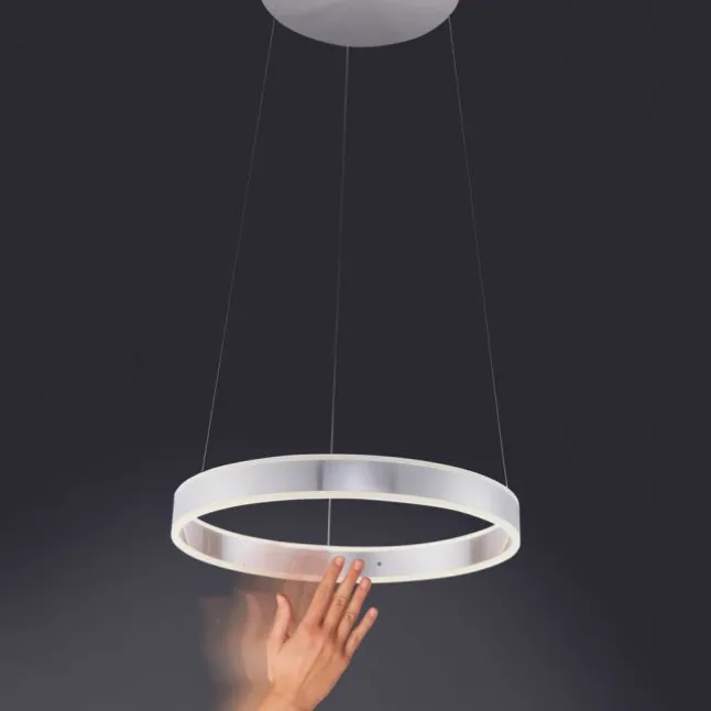LED-Pendelleuchte, stahlfarben, kreisförmiger Leuchtkörper, dimmbar, modern