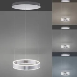 LED-Pendelleuchte, stahlfarben, kreisförmiger Leuchtkörper, dimmbar, modern