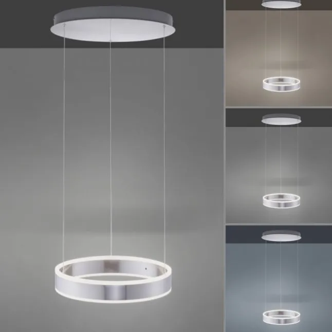 LED-Pendelleuchte, stahlfarben, kreisförmiger Leuchtkörper, dimmbar, modern