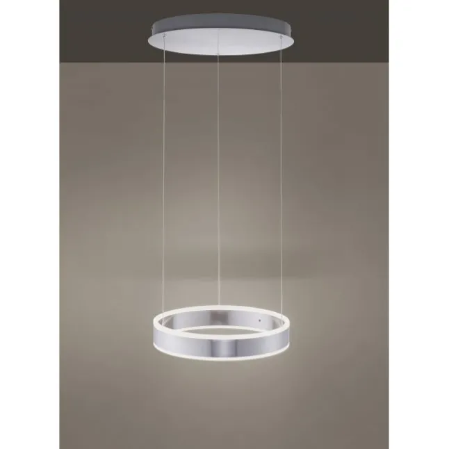 LED-Pendelleuchte, stahlfarben, kreisförmiger Leuchtkörper, dimmbar, modern