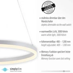 LED Pendelleuchte 60x60 weiss rund dimmbar Memoryfunktion modern