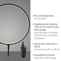 LED Spießleuchte D=50cm schwarz IP65 Schutz Timerfunktion Gartenlampe