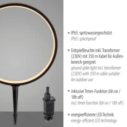 LED Spießleuchte D=32cm schwarz IP65 Schutz Timerfunktion Gartenlampe