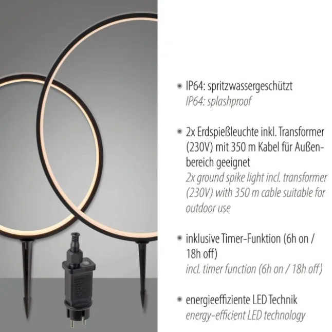 LED Spießleuchte Gartenlampe Ringform Timerfunktion IP65 wasserfest