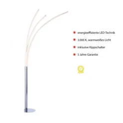 LED-Stehleuchte, Chrom, 3 Leuchtarmen, warmweiß, Kippschalter