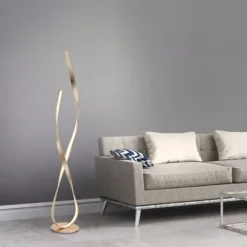 LED Stehleuchte goldfarbig geschwungene Leuchtarme warmweiß Schnurdimmer