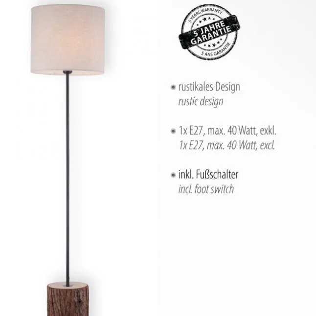 LED-Stehleuchte, Holz, Stoffschirm,1xE27, Schnurschalter