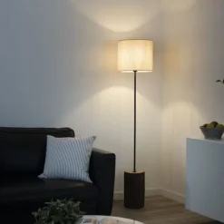 LED-Stehleuchte, Holz, Stoffschirm,1xE27, Schnurschalter