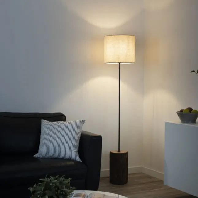 LED-Stehleuchte, Holz, Stoffschirm,1xE27, Schnurschalter