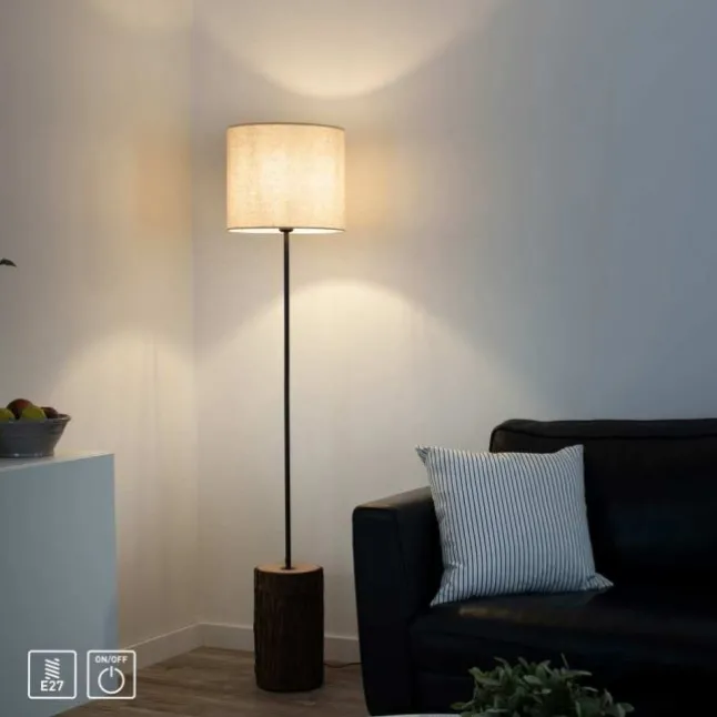 LED-Stehleuchte, Holz, Stoffschirm,1xE27, Schnurschalter
