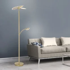 LED-Stehleuchte in messing-matt mit Lesearm und Lichtfarbsteuerung mit Memoryfunktion und Tastdimmer