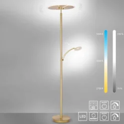 LED-Stehleuchte in messing-matt mit Lesearm und Lichtfarbsteuerung mit Memoryfunktion und Tastdimmer