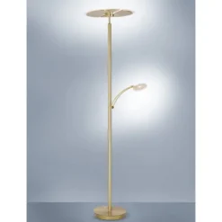 LED-Stehleuchte in messing-matt mit Lesearm und Lichtfarbsteuerung mit Memoryfunktion und Tastdimmer
