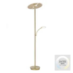 LED-Stehleuchte in messing-matt mit Lesearm und Lichtfarbsteuerung mit Memoryfunktion und Tastdimmer