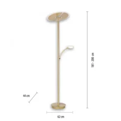 LED-Stehleuchte in messing-matt mit Lesearm und Lichtfarbsteuerung mit Memoryfunktion und Tastdimmer