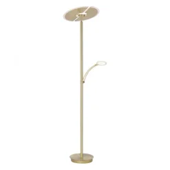 LED-Stehleuchte in messing-matt mit Lesearm und Lichtfarbsteuerung mit Memoryfunktion und Tastdimmer