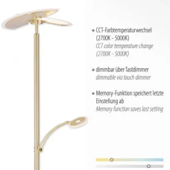 LED-Stehleuchte in messing-matt mit Lesearm und Lichtfarbsteuerung mit Memoryfunktion und Tastdimmer