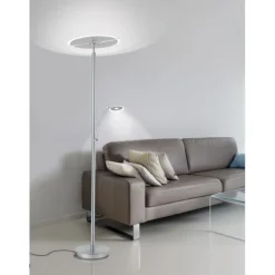 LED-Stehleuchte in stahlfarben mit Lesearm und Lichtfarbsteuerung mit Memory- und Dimmfunktion