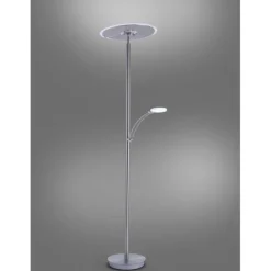 LED-Stehleuchte in stahlfarben mit Lesearm und Lichtfarbsteuerung mit Memory- und Dimmfunktion