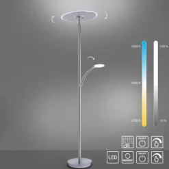 LED-Stehleuchte in stahlfarben mit Lesearm und Lichtfarbsteuerung mit Memory- und Dimmfunktion