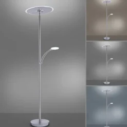 LED-Stehleuchte in stahlfarben mit Lesearm und Lichtfarbsteuerung mit Memory- und Dimmfunktion