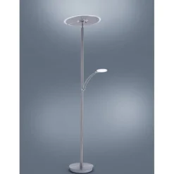 LED-Stehleuchte in stahlfarben mit Lesearm und Lichtfarbsteuerung mit Memory- und Dimmfunktion