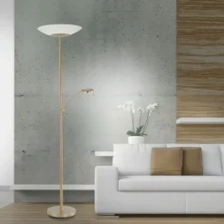 LED Stehleuchte, messing matt, inkl. Leselampe, inkl. Tastdimmer, modern