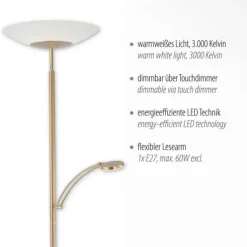 LED Stehleuchte, messing matt, inkl. Leselampe, inkl. Tastdimmer, modern