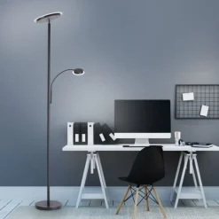 LED-Stehleuchte, schwarz, dimmbar, Touchdimmer, Lesearm, Fluterkopf einstellbar