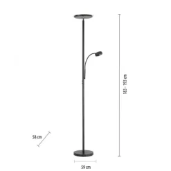LED-Stehleuchte, schwarz, dimmbar, Touchdimmer, Lesearm, Fluterkopf einstellbar
