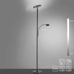 LED-Stehleuchte, schwarz, dimmbar, Touchdimmer, Lesearm, Fluterkopf einstellbar