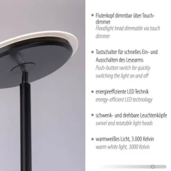 LED-Stehleuchte, schwarz, dimmbar, Touchdimmer, Lesearm, Fluterkopf einstellbar