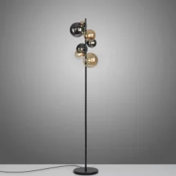 LED Stehleuchte schwarz rund Fußschalter Rauchgläser Ambergläser