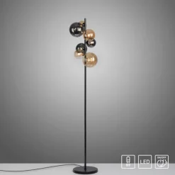 LED Stehleuchte schwarz rund Fußschalter Rauchgläser Ambergläser