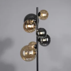 LED Stehleuchte schwarz rund Fußschalter Rauchgläser Ambergläser