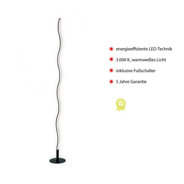 LED-Stehleuchte, schwarz, Wellenform, Schnurschalter, blendfrei