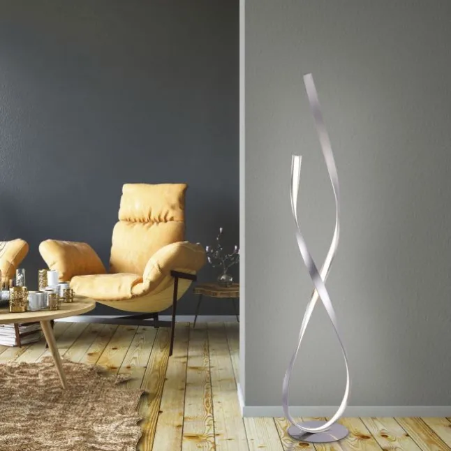 LED Stehleuchte silberfarbig 2 flammig geschwungene Leuchtarme Schnurdimmer