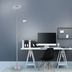 LED-Stehleuchte, stahlfarben, flexibler Lesearm, dimmbar, modern