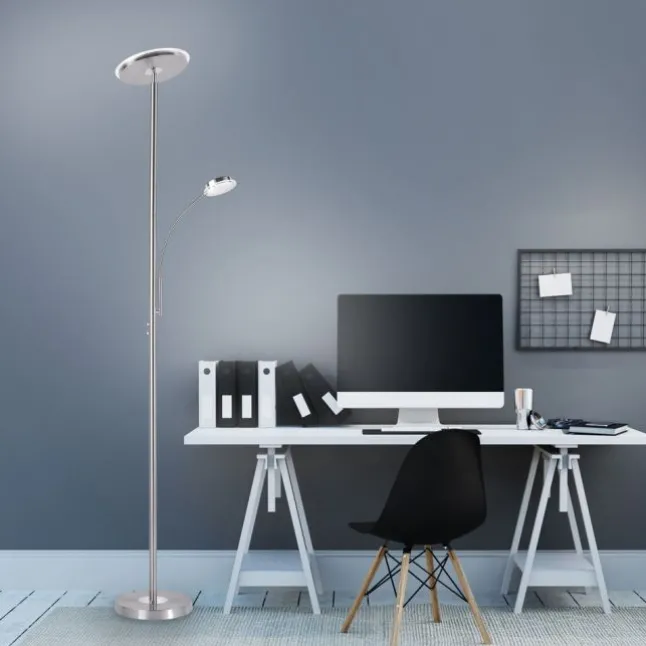 LED-Stehleuchte, stahlfarben, flexibler Lesearm, dimmbar, modern