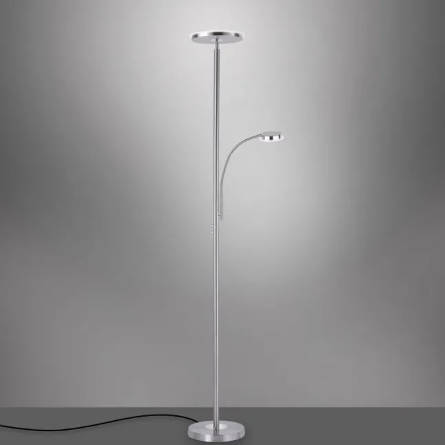LED-Stehleuchte, stahlfarben, flexibler Lesearm, dimmbar, modern