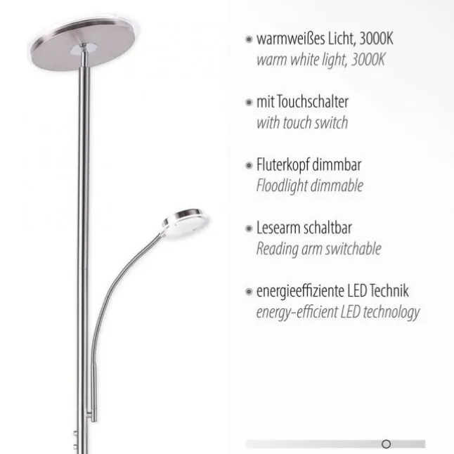 LED-Stehleuchte, stahlfarben, flexibler Lesearm, dimmbar, modern