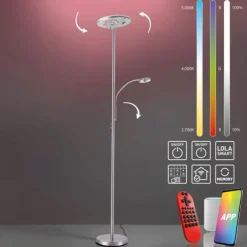 LED-Stehleuchte, stahlfarben, App, Fernbedienung, dimmbar